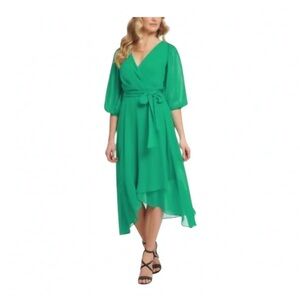 DKNY Emerald Green Chiffon Wrap Holiday Dress – Size 8P